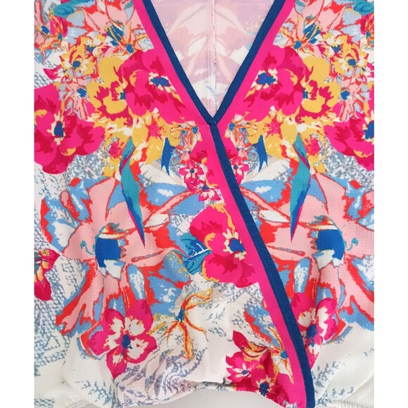Flying Tomatoe Crop V Neck Kimono Top Colorful Floral Print Stretch Waist Sz M - Picture 2 of 8